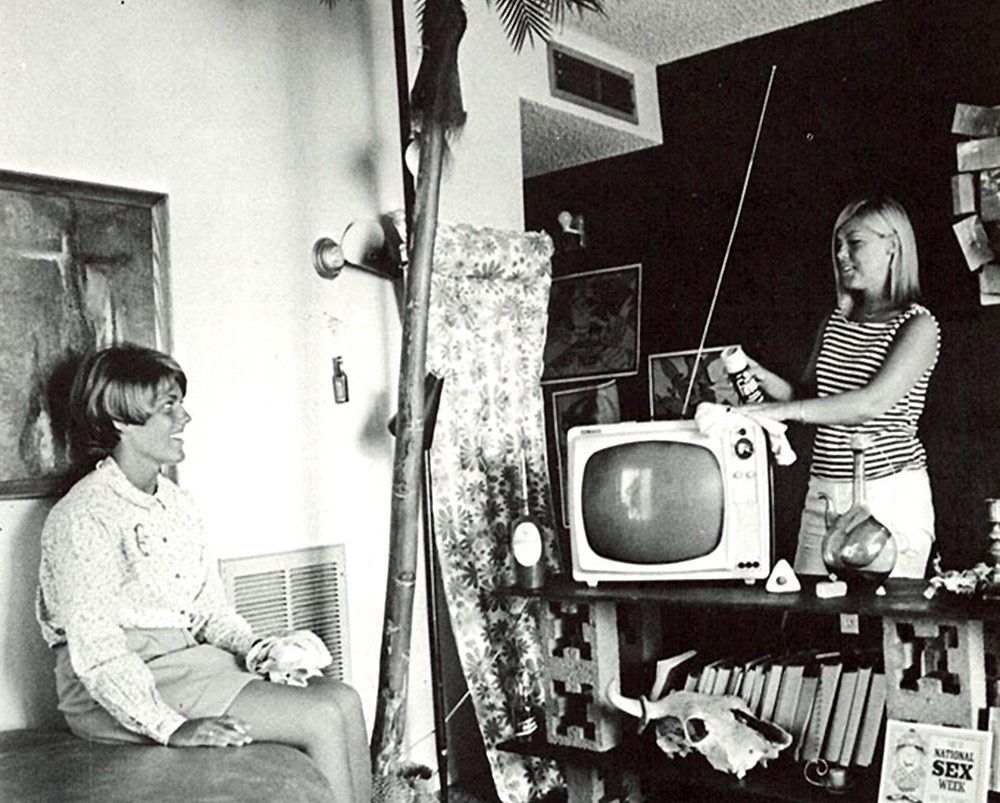 vintage photo of two women in their tv room